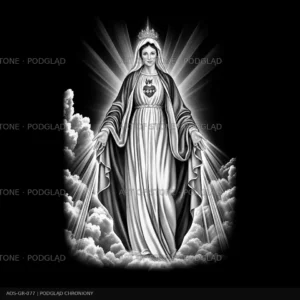 Matka Boża Królowa w chmurach – monochromatyczny wzór do graweru na czarnym tle